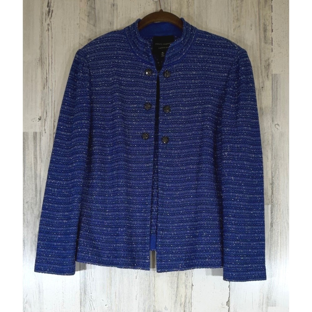 Ming Wang Sapphire Knit Jacket Medium Blue Silver Metallic Tweed Mandarin Collar